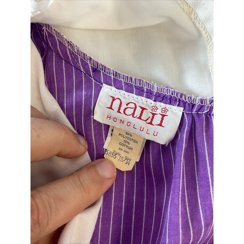 VTG Nalii Honolulu Hawaiian eyelet trim purple stripe Maxi Dress Boho 13/14 - Picture 4 of 8